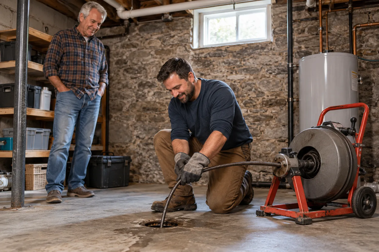 A friendly drain cleaning provider talking with a homeowner beside a basement floor drain in a home near Kinnelon
