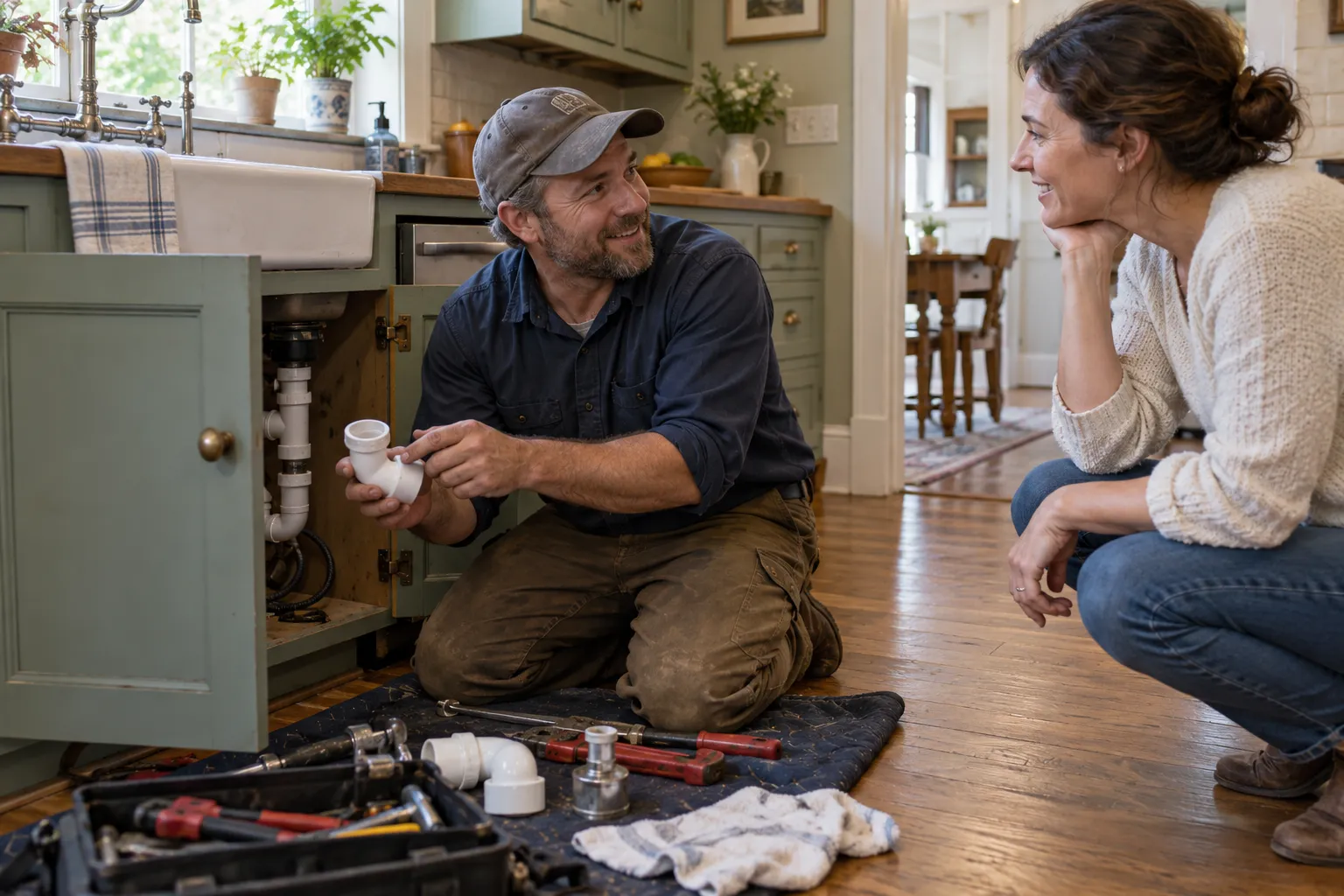 A homeowner in Kinnelon talking with a local plumber beside a kitchen sink
